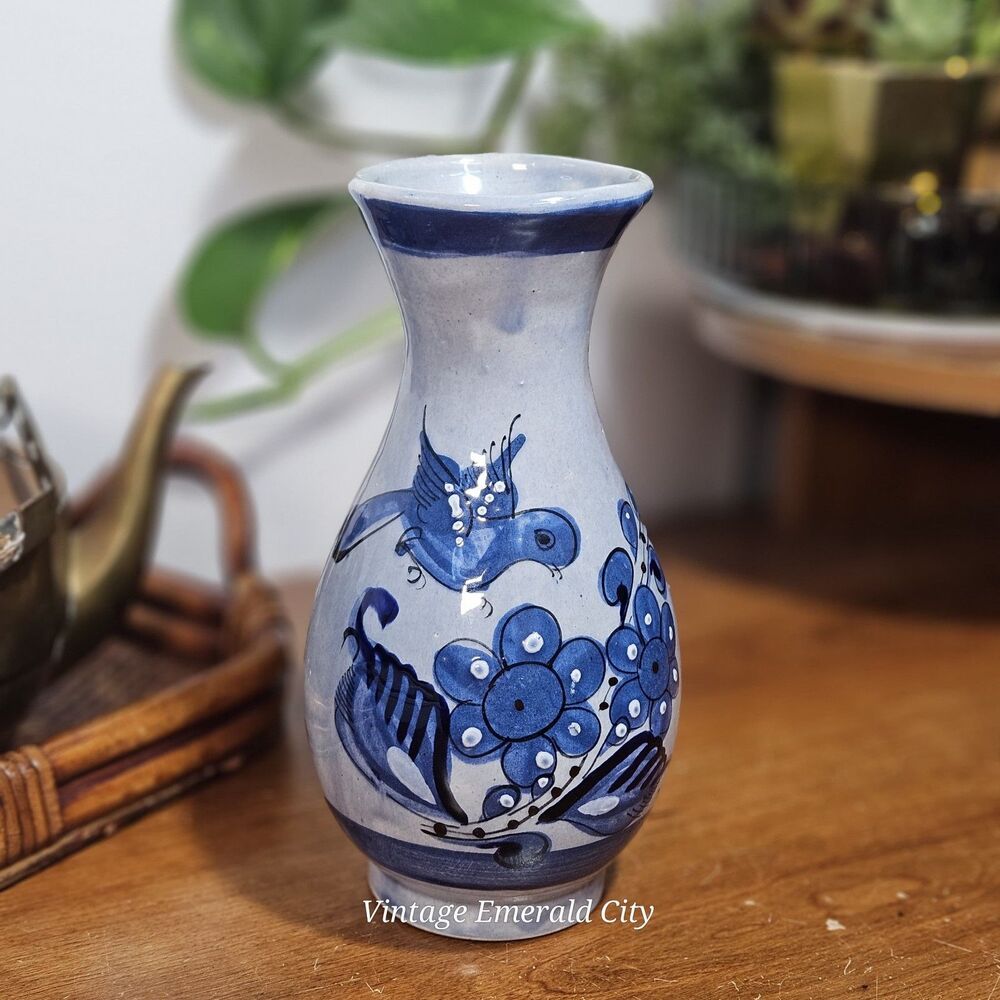 Vtg Tonalá Mexico Pottery Vase Signed AJM Hand-Painted Blue Bird Folk Art